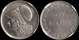 GREECE: 1 Drachma (1926) in copper-nickel. Head of Goddess Athena facing left on obverse. Inside slab by NGC "MS 65*". Cert number: 6642572-008. (Hell...