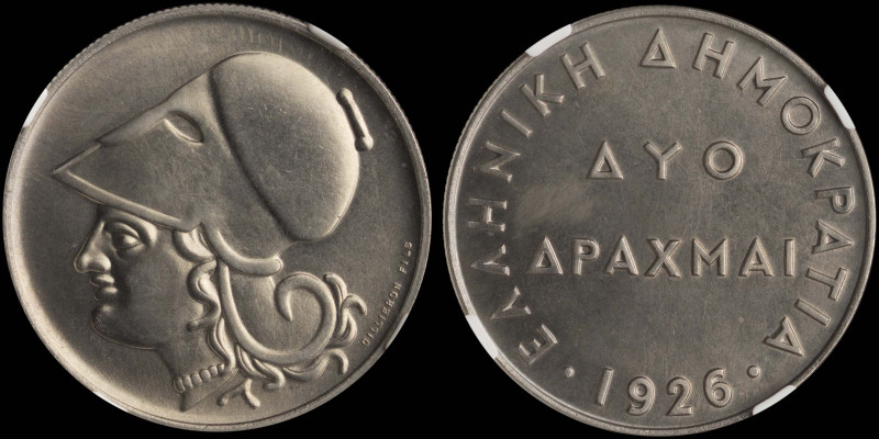 GREECE: 2 Drachmas (1926) in copper-nickel. Head of Goddess Athena facing left o...