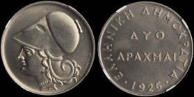 GREECE: 2 Drachmas (1926) in copper-nickel. Head of Goddess Athena facing left on obverse. Inside slab by NGC "MS 66*". Cert number: 6642572-007. (Hel...