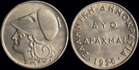GREECE: 2 Drachmas (1926) in copper-nickel. Head of Goddess Athena facing left on obverse. Inside slab by PCGS "MS 63". Cert number: 46964167. (Hellas...