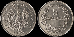 GREECE: 5 Drachmas (1930) in nickel. Phoenix and inscription "ΕΛΛΗΝΙΚΗ ΔΗΜΟΚΡΑΤΙΑ" on obverse. Mint: London. Inside slab by NGC "MS 66". Cert number: ...