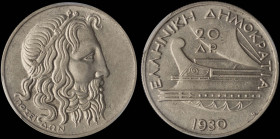 GREECE: 20 Drachmas (1930) in silver (0,500). Head of God Poseidon facing right on obverse. Inside slab by PCGS "AU 53". Cert number: 48323702. (Hella...