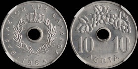 GREECE: 10 Lepta (1964) (type I) in aluminum. Royal crown and inscription "ΒΑΣΙΛΕΙΟΝ ΤΗΣ ΕΛΛΑΔΟΣ" on obverse. Inside slab by NGC "MS 67". Cert number:...