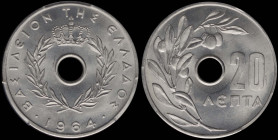 GREECE: 20 Lepta (1964) in aluminum. Royal crown and inscription "ΒΑΣΙΛΕΙΟΝ ΤΗΣ ΕΛΛΑΔΟΣ" on obverse. Inside slab by PCGS "MS 67". Cert number: 4832394...