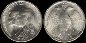 GREECE: 30 Drachmas (1964) in silver (0,835) commemorating the Royal Wedding. Conjoined busts of King Constantine II and Queen Anna-Maria facing left ...