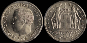 GREECE: 50 Lepta (1966) (type I) in copper-nickel. Head of King Constantine II facing left and inscription "ΚΩΝCΤΑΝΤΙΝΟC ΒΑCΙΛΕΥC ΤΩΝ ΕΛΛΗΝΩΝ" on obve...