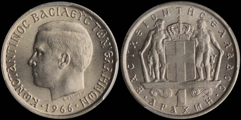 GREECE: 1 Drachma (1966) (type I) in copper-nickel. Head of King Constantine II ...