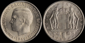 GREECE: 1 Drachma (1966) (type I) in copper-nickel. Head of King Constantine II facing left and inscription "ΚΩΝCΤΑΝΤΙΝΟC ΒΑCΙΛΕΥC ΤΩΝ ΕΛΛΗΝΩΝ" on obv...