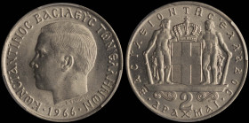 GREECE: 2 Drachmas (1966) (type I) in copper-nickel. Head of King Constantine II facing left and inscription "ΚΩΝCΤΑΝΤΙΝΟC ΒΑCΙΛΕΥC ΤΩΝ ΕΛΛΗΝΩΝ" on ob...