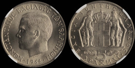 GREECE: 5 Drachmas (1966) (type I) in copper-nickel. Head of King Constantine II facing left and inscription "ΚΩΝCΤΑΝΤΙΝΟC ΒΑCΙΛΕΥC ΤΩΝ ΕΛΛΗΝΩΝ" on ob...