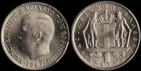 GREECE: 1 Drachma (1967) (type I) in copper-nickel. Head of King Constantine II facing left and inscription "ΚΩΝCΤΑΝΤΙΝΟC ΒΑCΙΛΕΥC ΤΩΝ ΕΛΛΗΝΩΝ" on obv...