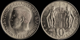 GREECE: 10 Drachmas (1968) (type I) in copper-nickel. Head of King Constantine II facing left and inscription "ΚΩΝCΤΑΝΤΙΝΟC ΒΑCΙΛΕΥC ΤΩΝ ΕΛΛΗΝΩΝ" on o...