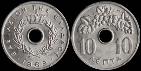 GREECE: 10 Lepta (1969) (type I) in aluminum. Royal crown and inscription "ΒΑΣΙΛΕΙΟΝ ΤΗΣ ΕΛΛΑΔΟΣ" on obverse. Inside slab by PCGS "MS 66". Cert number...