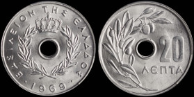 GREECE: 20 Lepta (1969) (type I) in aluminum. Royal crown and inscription "ΒΑΣΙΛΕΙΟΝ ΤΗΣ ΕΛΛΑΔΟΣ" on obverse. Inside slab by PCGS "MS 67". Cert number...