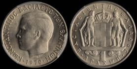 GREECE: 1 Drachma (1970) (type I) in copper-nickel. Head of King Constantine II facing left and inscription "ΚΩΝCΤΑΝΤΙΝΟC ΒΑCΙΛΕΥC ΤΩΝ ΕΛΛΗΝΩΝ" on obv...