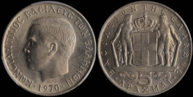 GREECE: 5 Drachmas (1970) (type I) in copper-nickel. Head of King Constantine II facing left and inscription "ΚΩΝCΤΑΝΤΙΝΟC ΒΑCΙΛΕΥC ΤΩΝ ΕΛΛΗΝΩΝ" on ob...