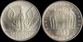 GREECE: 50 Drachmas (1970) in silver (0,900) commemorating the April 21st 1967. Phoenix and soldier on obverse. Inside slab by ICG "MS 69". Cert numbe...