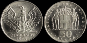 GREECE: 50 Drachmas (1970) in silver (0,900) commemorating the April 21st 1967. Phoenix and soldier on obverse. Inside slab by PCGS "MS 67". Cert numb...