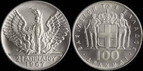 GREECE: 100 Drachmas (1970) (type I) in silver (0,900) commemorating the April 21st 1967. Phoenix and soldier on obverse. Inside slab by PCGS "MS 68"....