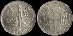 GREECE: 100 Drachmas (1970) (type I) in silver (0,900) commemorating the April 21st 1967. Phoenix and soldier on obverse. Inside slab by NGC "MS 64". ...