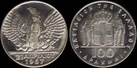 GREECE: 100 Drachmas (1970) (type I) in silver (0,900) commemorating the April 21st 1967. Phoenix and soldier on obverse. (Hellas 242). Uncirculated.