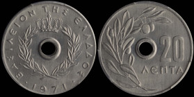 GREECE: 20 Lepta (1971) (type I) in aluminum. Royal crown and inscription "ΒΑΣΙΛΕΙΟΝ ΤΗΣ ΕΛΛΑΔΟΣ" on obverse. Inside slab by PCGS "MS 67". Cert number...