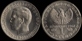 GREECE: 1 Drachma (1971) (type II) in copper-nickel. Head of King Constantine II facing left and inscription "ΚΩΝCΤΑΝΤΙΝΟC ΒΑCΙΛΕΥC ΤΩΝ ΕΛΛΗΝΩΝ" on ob...