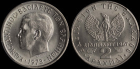 GREECE: 2 Drachmas (1973) (type II) in copper-nickel. Head of King Constantine II facing left and inscription "ΚΩΝCΤΑΝΤΙΝΟC ΒΑCΙΛΕΥC ΤΩΝ ΕΛΛΗΝΩΝ" on o...