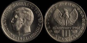 GREECE: 10 Drachmas (1973) (type II) in copper-nickel. Head of King Constantine II facing left and inscription "ΚΩΝCΤΑΝΤΙΝΟC ΒΑCΙΛΕΥC ΤΩΝ ΕΛΛΗΝΩΝ" on ...