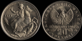 GREECE: 20 Drachmas (1973) in copper-nickel. Goddess Moon on horseback on obverse. Variety: Wide rim and continuous wave design. Inside slab by PCGS "...