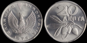 GREECE: 20 Lepta (1973) in aluminum. Phoenix and inscription "ΕΛΛΗΝΙΚΗ ΔΗΜΟΚΡΑΤΙΑ" on obverse. Inside slab by PCGS "MS 68". Cert number: 45568269. (He...