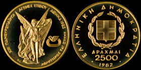 GREECE: 2500 Drachmas (1982) in gold (0,900) commemorating the XIII Pan-European Games / part of "ΑΘΛΗΤΙΣΜΟΣ ΚΑΙ ΕΙΡΗΝΗ" set. Goddess Nike on obverse....