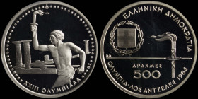 GREECE: 500 Drachmas (1984) in silver (0,900) commemorating the XXIII Los Angeles Olympic Games. The coat of arms of the Hellenic Republic and torch o...