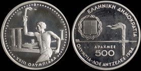 GREECE: 500 Drachmas (1984) in silver (0,900) commemorating the XXIII Los Angeles Olympic Games. The coat of arms of the Hellenic Republic and torch o...
