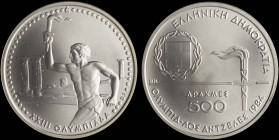 GREECE: 500 Drachmas (1984) in silver (0,900) commemorating the XXIII Los Angeles Olympic Games. The coat of arms of the Hellenic Republic and torch o...