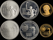 GREECE: Complete set (1984) of 3 coins commemorating the XXIII Los Angeles Olympiad, composed of 2x 500 Drachmas in silver (0,900) & 5000 Drachmas in ...