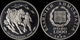 GREECE: 1000 Drachmas (1990) in silver (0,900) commemorating the 50th anniversary of October 28, 1940. Soldiers and horse with mountains on background...