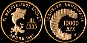 GREECE: 10000 Drachmas (1991) in gold (0,900) commemorating the XI Mediterranean Games. Dolphin, logo of the Games and inscription "ΧΙ ΜΕΣΟΓΕΙΑΚΟΙ ΑΓΩ...