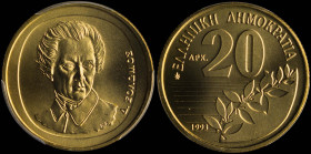 GREECE: 20 Drachmas (1993) (type II) in copper-aluminum. Value and inscription "ΕΛΛΗΝΙΚΗ ΔΗΜΟΚΡΑΤΙΑ" on obverse. Bust of Dionysios Solomos facing on r...