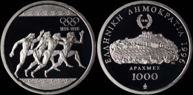 GREECE: 1000 Drachmas (1996) (type I) in silver (0,925) commemorating the 1896 Athens Olympics Centenary. Ancient runners on obverse. The Panathenaic ...