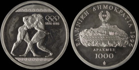 GREECE: 1000 Drachmas (1996) (type II) in silver (0,925) commemorating the 1896 Athens Olympics Centenary. Wrestlers on obverse. The Panathenaic stadi...