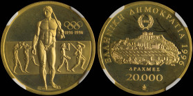 GREECE: 20000 Drachmas (1996) in gold (0,917) commemorating the 1896 Athens Olympic Games centenary. Statue of ancient javelin athlete in front of fri...