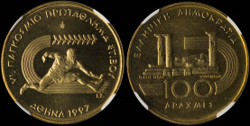 GREECE: 100 Drachmas (1997) (type II) in copper-aluminum commemorating the 6th World Track Championship. Athlete of track field and inscription "VI. Π...