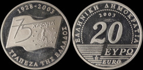 GREECE: 20 Euro (2003) in silver (0,925) commemorating the 75th Anniversary of the Bank of Greece. Flag bearing the logo of the Bank of Greece on obve...