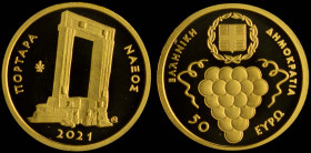 GREECE: 50 Euro (2021) in gold (0,999) commemorating the Cultural Heritage / The Portara of Naxos. The gate of the temple of Apollo (Portara) on obver...