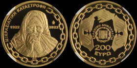 GREECE: 200 Euro (2022) in gold (0,917) commemorating the 100th Anniversary of the Asia Minor Disaster. Figure of woman refugee on obverse. Inside sla...