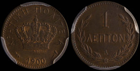 GREECE: 1 Lepton (1900 A) in bronze. Royal crown and inscription "ΚΡΗΤΙΚΗ ΠΟΛΙΤΕΙΑ" on obverse. Inside slab by PCGS "MS 64 BN". Cert number: 46809484....
