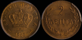 GREECE: 2 Lepta (1900 A) in bronze. Royal crown and inscription "ΚΡΗΤΙΚΗ ΠΟΛΙΤΕΙΑ" on obverse. Inside slab by PCGS "MS 66 RD". Cert number: 46809483. ...