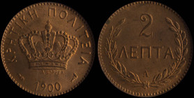 GREECE: 2 Lepta (1900 A) in bronze. Royal crown and inscription "ΚΡΗΤΙΚΗ ΠΟΛΙΤΕΙΑ" on obverse. Inside slab by NGC "MS 64 RD". Cert number: 2061715-010...