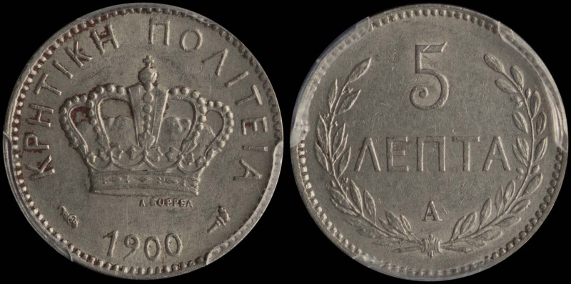 GREECE: 5 Lepta (1900 A) in copper-nickel. Royal crown and inscription "ΚΡΗΤΙΚΗ ...